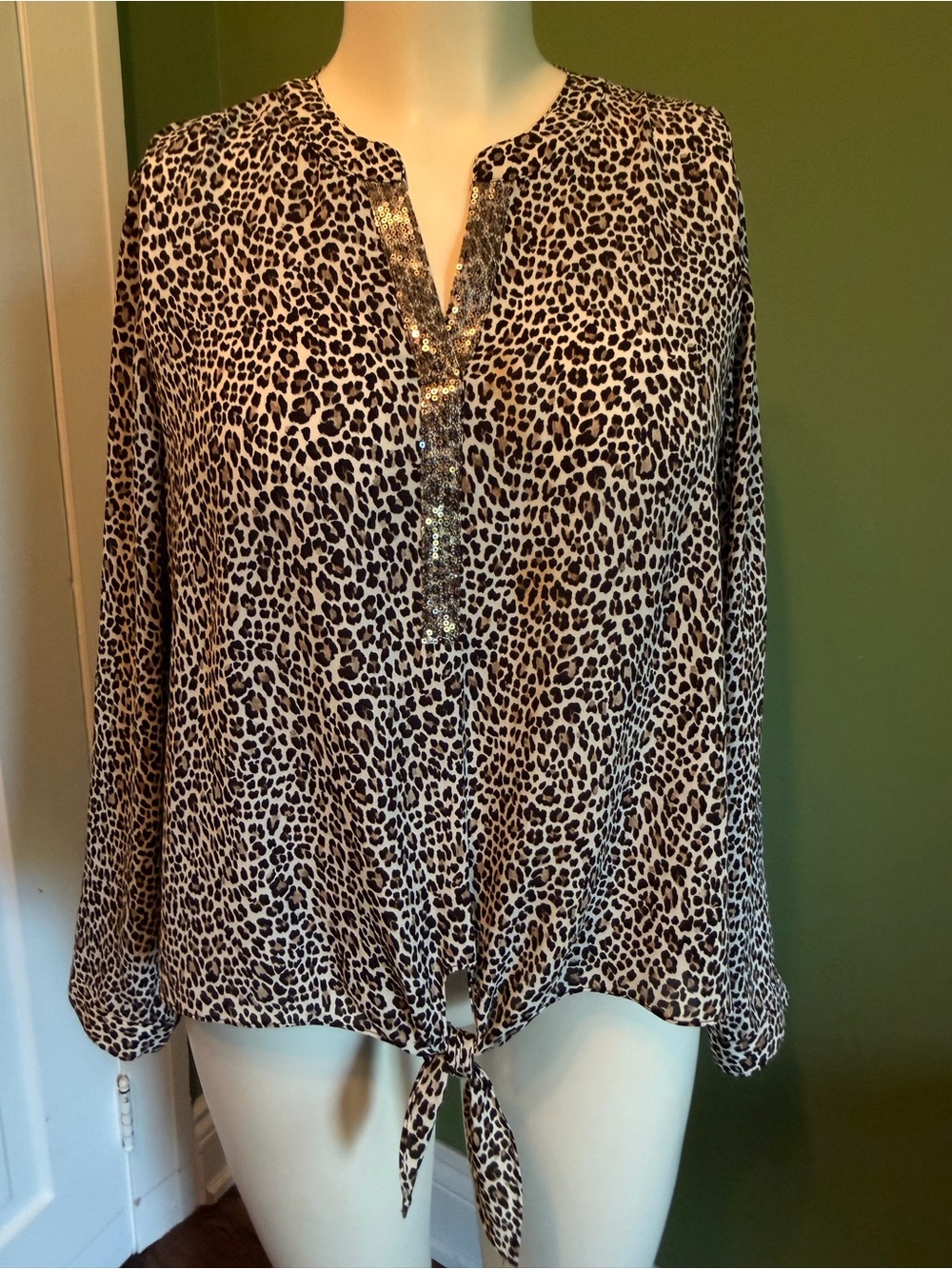 CHICOS Leopard Print Tie-Hem Blouse - Beige/Black